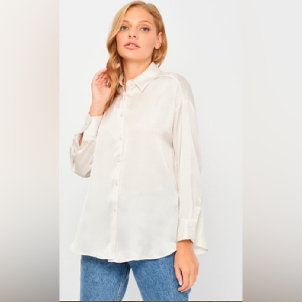 Zara cream polyester blend silky feel button dwn slim long sleeve dress shirt XS